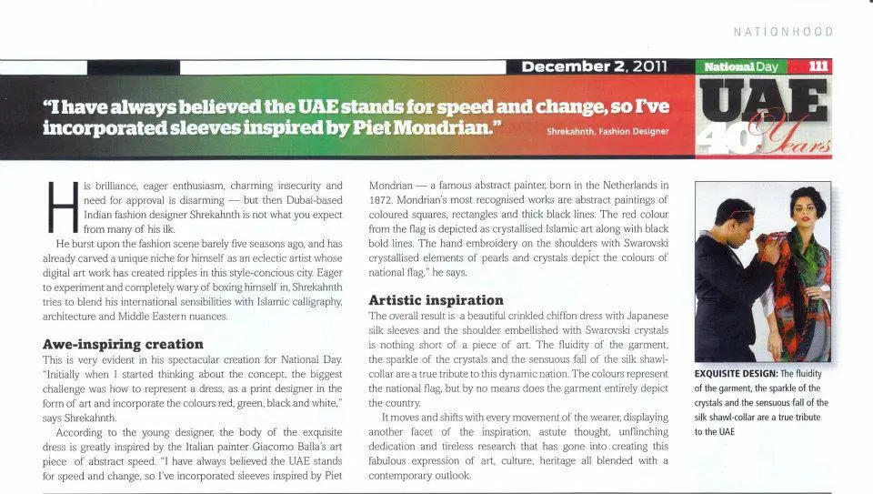 Magazine article featuring designer Shrekahnth's UAE National Day dress inspired by Giacomo Balla, with calligraphy, pearls, and crystal details.